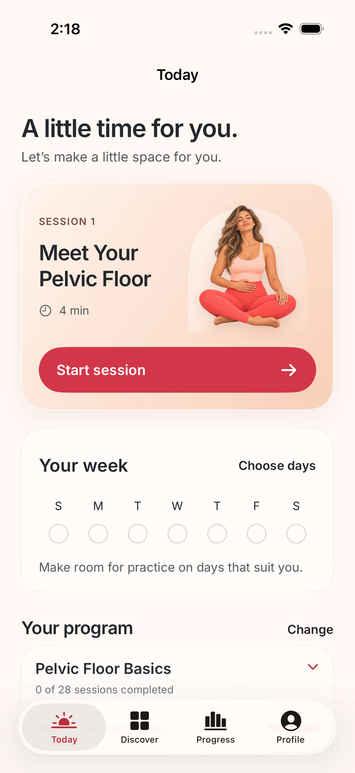 Pelfi Today screen with a guided introductory session and a weekly practice schedule